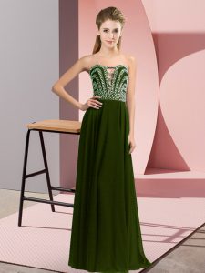 Sleeveless Chiffon Floor Length Lace Up Prom Dress in Olive Green with Beading