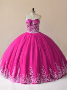 Fuchsia Ball Gowns Tulle Sweetheart Sleeveless Embroidery Floor Length Lace Up Quinceanera Gowns