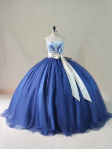 Custom Designed Lace Up Quinceanera Dress Navy Blue for Sweet 16 and Quinceanera with Appliques and Sashes ribbons and Bowknot Brush Train