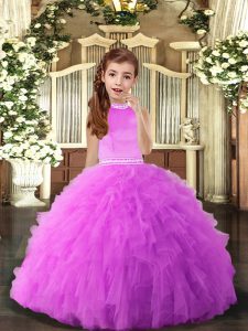 Dazzling Lilac Tulle Backless Kids Pageant Dress Sleeveless Floor Length Beading and Ruffles