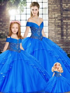 Fashion Floor Length Royal Blue Quince Ball Gowns Tulle Sleeveless Beading and Ruffles
