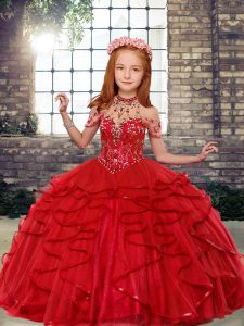Red Tulle Lace Up Child Pageant Dress Sleeveless Floor Length Beading