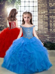 Latest Floor Length Lace Up Child Pageant Dress Blue for Party and Wedding Party with Beading and Ruffles