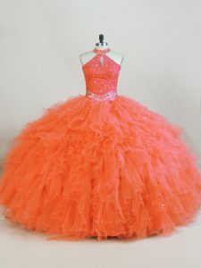 Admirable Floor Length Orange Sweet 16 Dress Tulle Sleeveless Beading and Ruffles