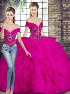 Cheap Floor Length Lace Up 15 Quinceanera Dress Fuchsia for Military Ball and Sweet 16 and Quinceanera with Beading and Ruffles