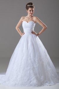Fancy White Ball Gowns Sweetheart Sleeveless Tulle Brush Train Lace Up Beading and Lace Wedding Dresses