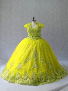 Yellow Green Ball Gowns Tulle Sweetheart Sleeveless Appliques Lace Up Sweet 16 Dresses Court Train