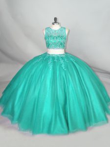 Free and Easy Scoop Sleeveless Sweet 16 Quinceanera Dress Floor Length Beading Turquoise Tulle