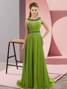 Excellent Scoop Sleeveless Prom Dresses Brush Train Beading Olive Green Chiffon