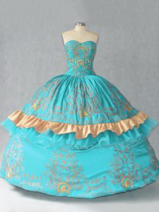 Aqua Blue Lace Up Sweetheart Embroidery and Bowknot Sweet 16 Dress Satin and Organza Sleeveless