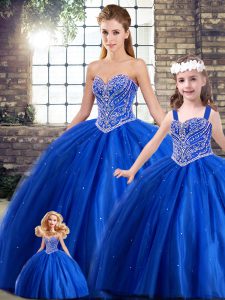 Top Selling Sleeveless Tulle Brush Train Lace Up Quinceanera Gown in Blue with Beading