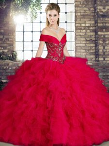Trendy Sleeveless Floor Length Beading and Ruffles Lace Up Quinceanera Gown with Red