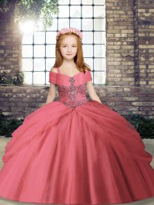 Watermelon Red Lace Up Straps Beading Little Girl Pageant Gowns Tulle Sleeveless