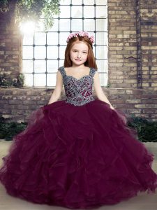 New Style Purple Child Pageant Dress Party and Military Ball and Wedding Party with Beading and Ruffles Straps Sleeveless Lace Up