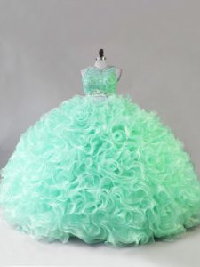 Flirting Apple Green Fabric With Rolling Flowers Zipper Scoop Sleeveless Quince Ball Gowns Beading and Ruffles