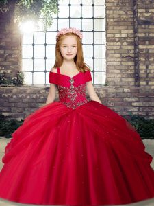 Red Kids Formal Wear Party and Wedding Party with Beading Straps Sleeveless Lace Up