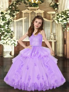 Appliques Kids Pageant Dress Lavender Lace Up Sleeveless Floor Length