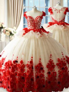 Glorious Sleeveless Tulle Brush Train Zipper 15 Quinceanera Dress in White And Red with Hand Made Flower
