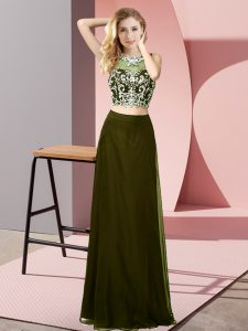 Sexy Scoop Sleeveless Backless Prom Dress Olive Green Chiffon