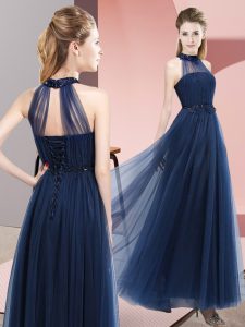 Superior Navy Blue Tulle Lace Up Halter Top Sleeveless Floor Length Bridesmaid Dress Beading and Appliques