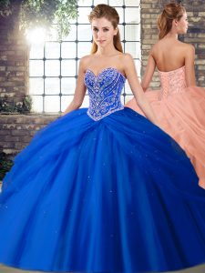 Adorable Tulle Sleeveless Quince Ball Gowns Brush Train and Beading and Pick Ups