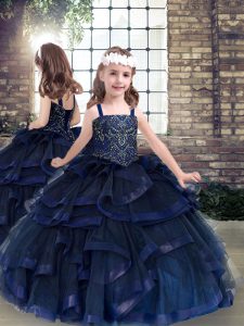Navy Blue Straps Lace Up Beading and Ruffles Kids Formal Wear Sleeveless