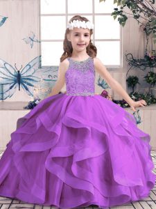 Dramatic Scoop Sleeveless Tulle Little Girls Pageant Dress Wholesale Beading and Ruffles Lace Up