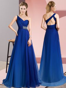Fantastic Sleeveless Chiffon Brush Train Criss Cross Homecoming Dress in Blue with Beading