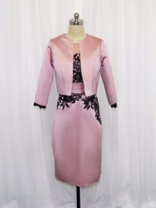 Fashionable Mini Length Pink Satin Long Sleeves Lace and Appliques
