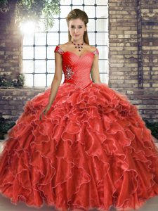 Fantastic Sleeveless Beading and Ruffles Lace Up Quinceanera Dress with Coral Red Brush Train