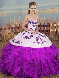 Sweetheart Sleeveless Lace Up Quince Ball Gowns White And Purple Organza
