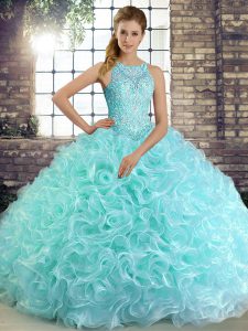 Scoop Sleeveless Lace Up Ball Gown Prom Dress Aqua Blue Fabric With Rolling Flowers