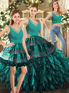 Turquoise Sleeveless Floor Length Appliques and Ruffles Backless 15 Quinceanera Dress