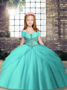 Aqua Blue Sleeveless Beading Floor Length Little Girl Pageant Dress