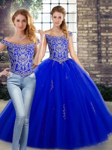 Delicate Floor Length Lace Up Sweet 16 Dresses Royal Blue for Military Ball and Sweet 16 and Quinceanera with Beading