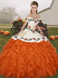 Excellent Orange Red Lace Up Vestidos de Quinceanera Embroidery and Ruffles Sleeveless Floor Length