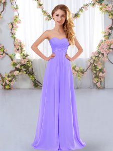 Sleeveless Chiffon Floor Length Lace Up Damas Dress in Lavender with Ruching
