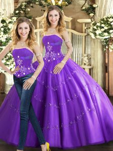 Fine Purple Strapless Lace Up Beading Vestidos de Quinceanera Sleeveless
