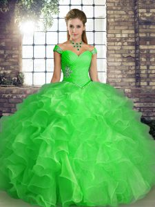 Green Sweet 16 Dress Military Ball and Sweet 16 and Quinceanera with Beading and Ruffles Off The Shoulder Sleeveless Lace Up