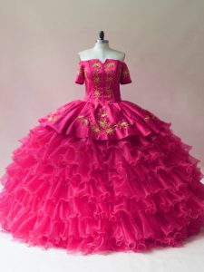 Unique Fuchsia Lace Up Off The Shoulder Embroidery and Ruffled Layers Sweet 16 Dresses Organza Sleeveless