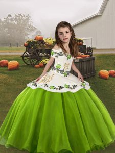 Green Ball Gowns Straps Sleeveless Organza Floor Length Lace Up Embroidery Pageant Dress for Girls