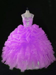 Lilac Organza Zipper Quinceanera Dress Sleeveless Floor Length Sequins and Pick Ups