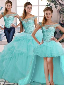Modern Aqua Blue Off The Shoulder Lace Up Beading and Ruffles 15 Quinceanera Dress Sleeveless