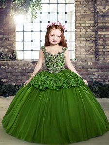 Green Ball Gowns Beading Pageant Dress for Teens Lace Up Tulle Sleeveless Floor Length