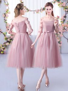 Hot Selling Pink Empire Appliques and Belt Dama Dress Lace Up Tulle Half Sleeves Tea Length