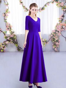 Traditional V-neck Half Sleeves Vestidos de Damas Ankle Length Ruching Purple Satin
