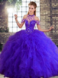 Purple Lace Up Halter Top Beading and Ruffles Vestidos de Quinceanera Tulle Sleeveless