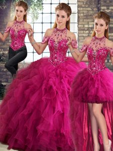 Amazing Sleeveless Floor Length Beading and Ruffles Lace Up Quince Ball Gowns with Fuchsia