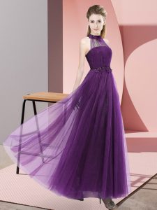 Low Price Dark Purple Lace Up Wedding Guest Dresses Beading and Appliques Sleeveless Floor Length