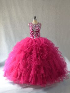 Sleeveless Beading Lace Up Sweet 16 Dress with Hot Pink